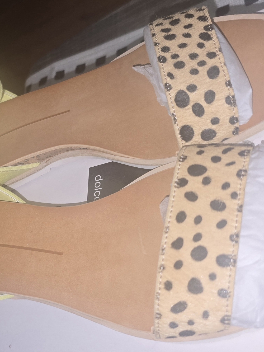 Dolce Vita Lemon Yellow Ankle-Strap Sandals with Leopard Spot Front - Picture 4 of 5